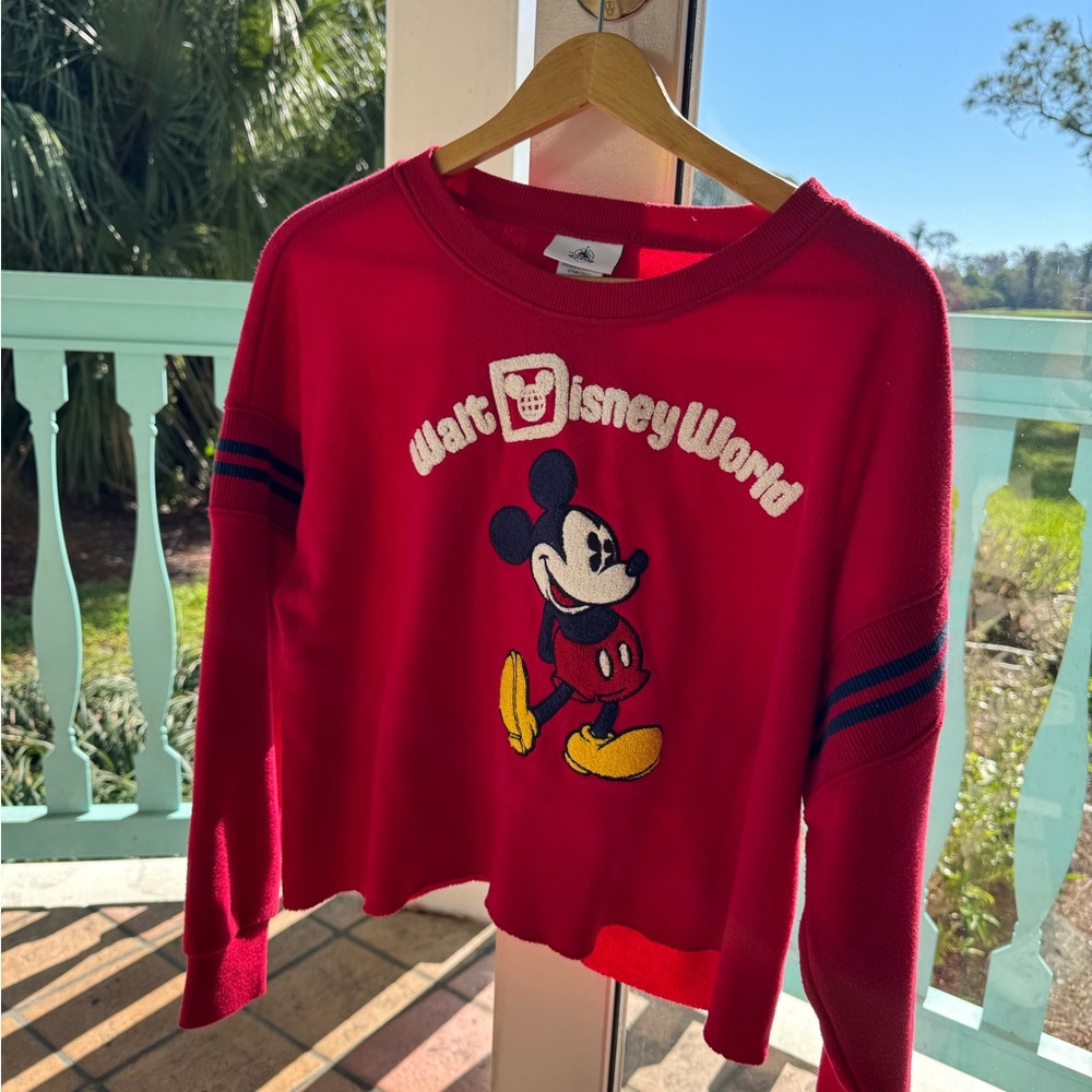Disney Red Mickey Mouse Crewneck Crop Sweatshirt with Yellow Accents